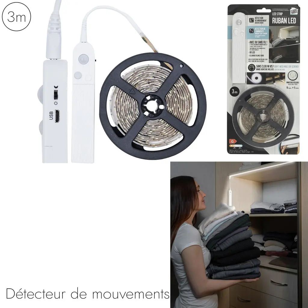 Bande led 3m detecteur mouvement