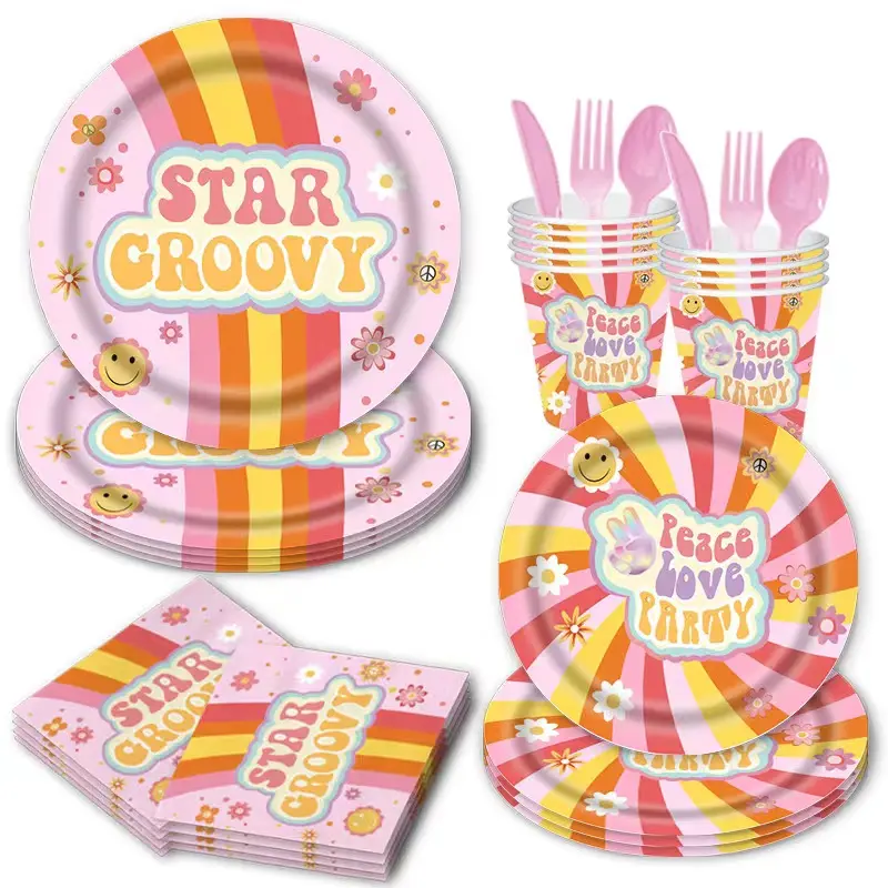Star Groovy party kit for 24 - retro hippie disposable tableware