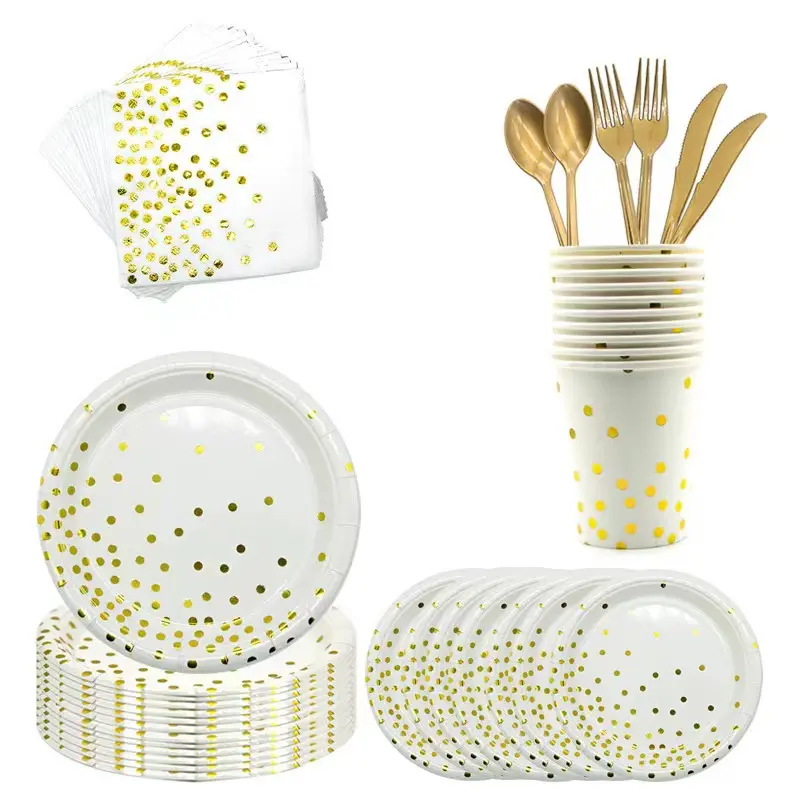 Gold party tableware kit and balloons