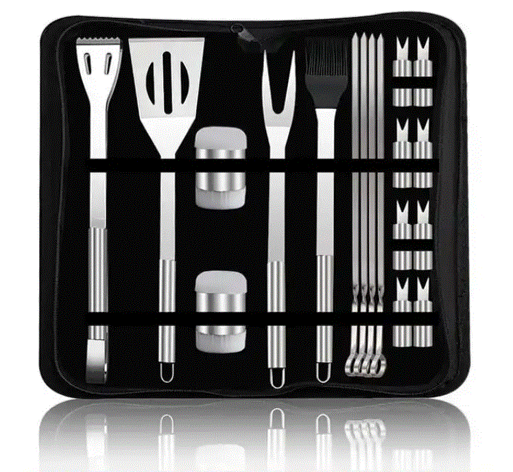[7 K6] 18-piece stainless steel barbecue tool set. Includes storage bag.