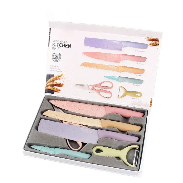 Kit of 4 colorful stainless steel knives, vegetable peeler and scissors