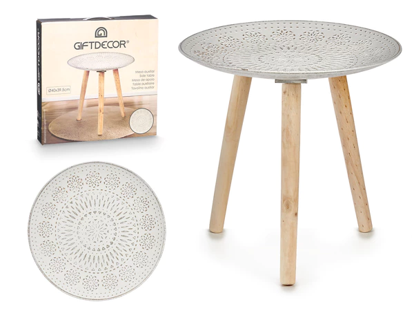 Carved wooden mandala side table, 40 cm