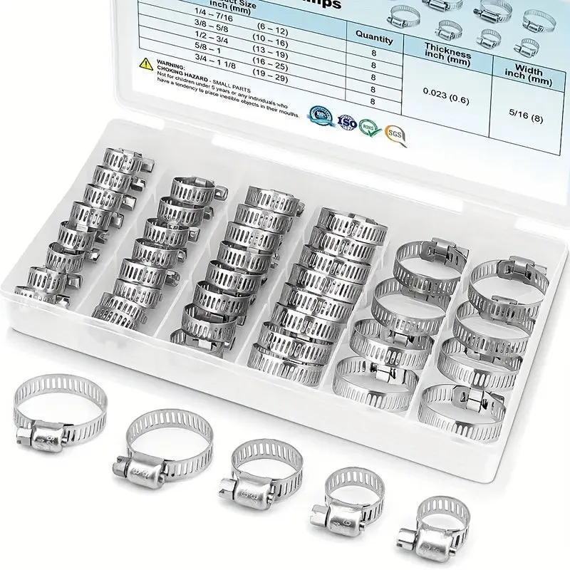 Set of 40 Stainless Steel Hose Clamps - 2.54 to 10.16 cm