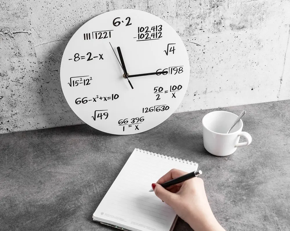 White mathematical wall clock with equations