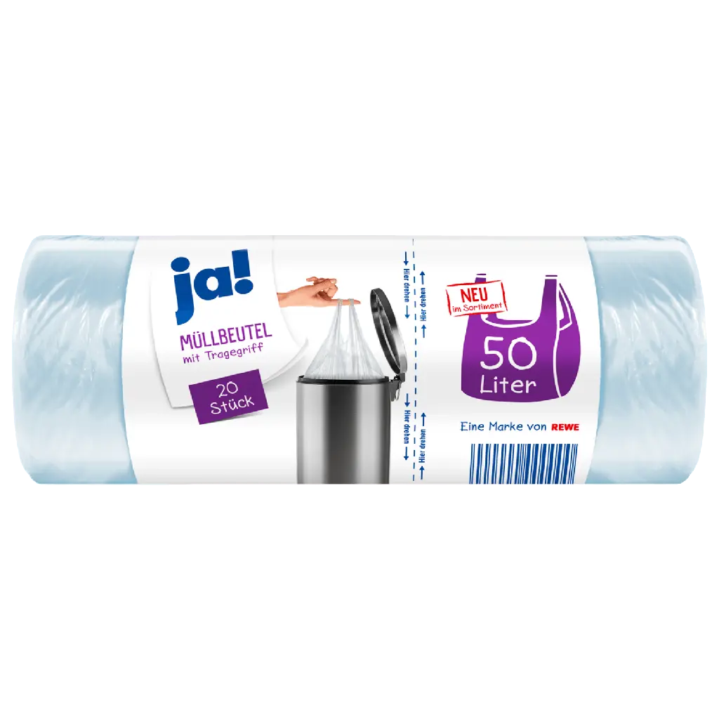 JA! 50 liter trash bags, roll of 20