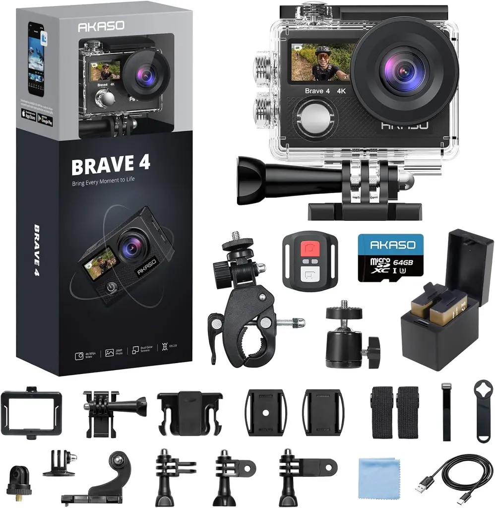 AKASO Brave 4 action camera 4K 30fps waterproof 30m with accessories