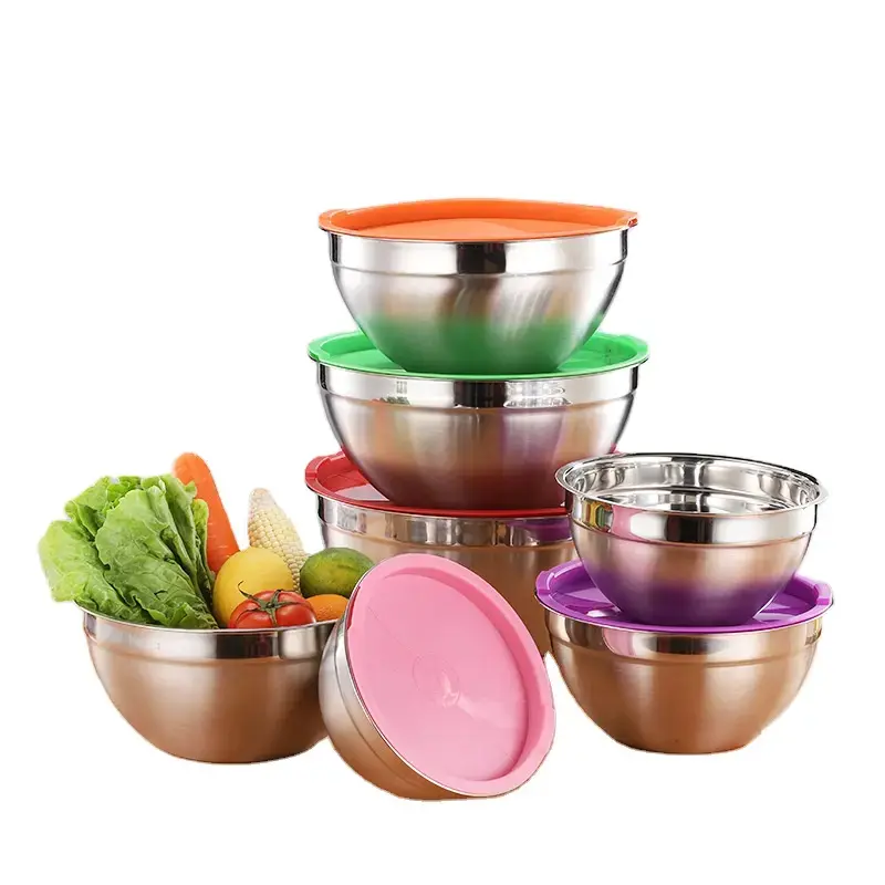 Set of 5 stainless steel bowls, airtight lids, BPA-free. 18cm-26cm
