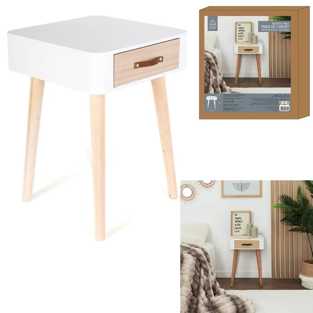 [HD3739 ZEN26] White bedside table 1 wooden drawer