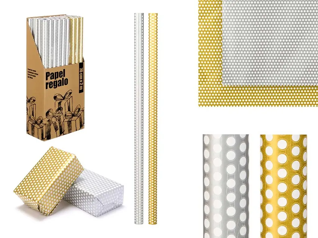 Gift wrap roll 70x200 cm gold and silver polka dot