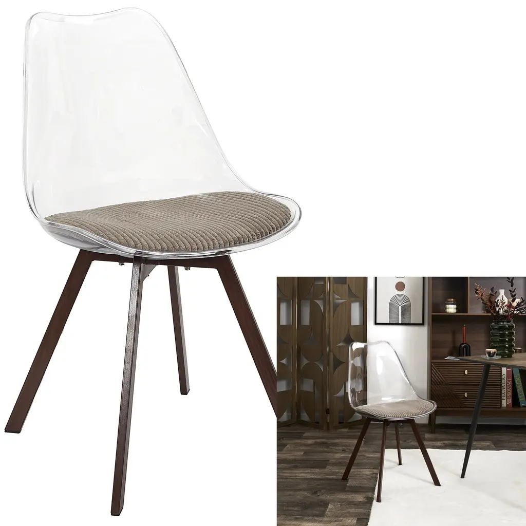 Transparent chair with taupe cushion