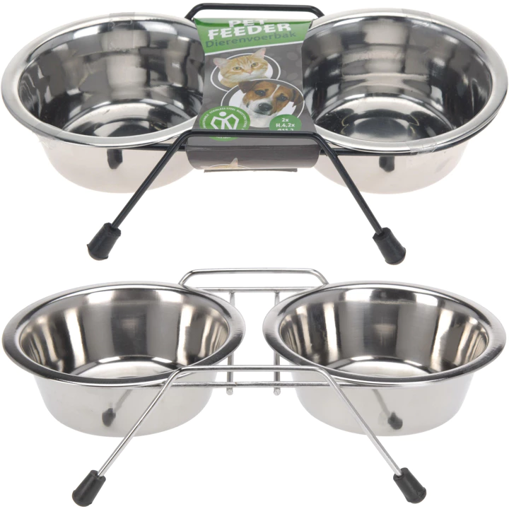 Metal dog bowl with support in 2 parts