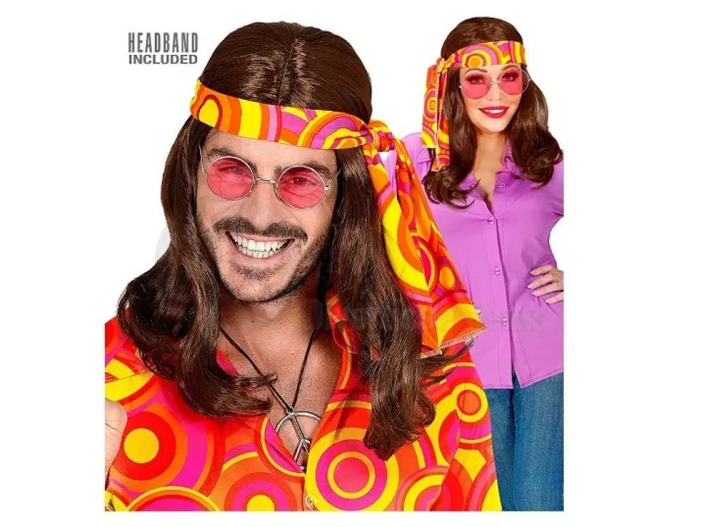 70s brown long hair wig with headband