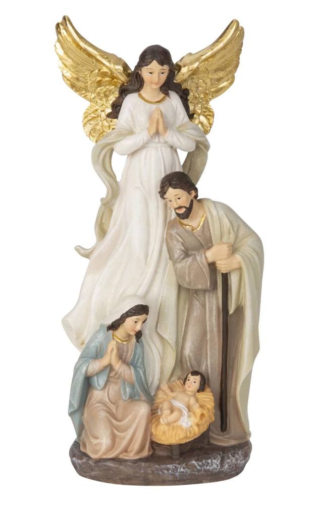 Nativity figurine with angel, Joseph, Mary and Jesus