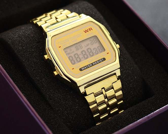 Digital sports watch, luminous dial, multifunction, stainless steel.