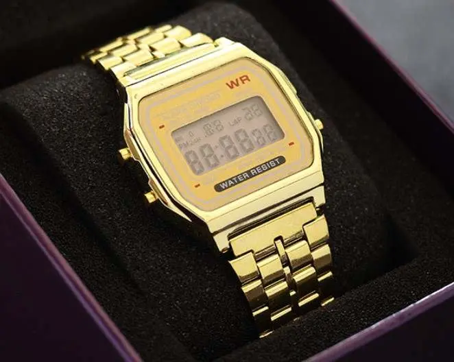 Digital sports watch, luminous dial, multifunction, stainless steel.