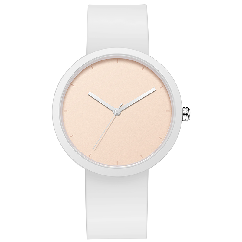 Minimalist women's watch, nude dial background, white silicone strap.