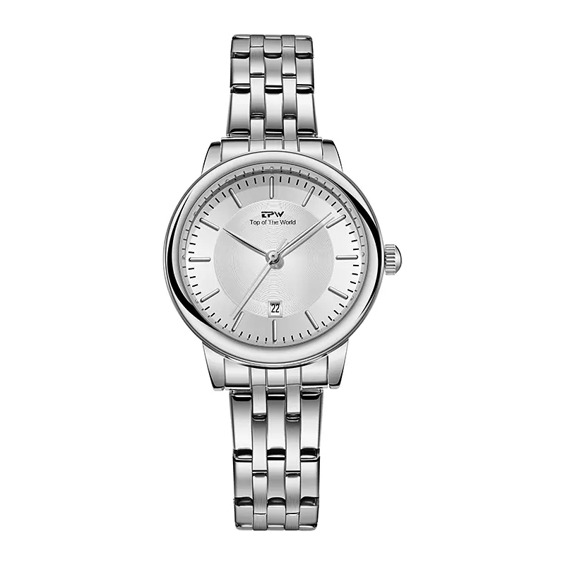 Women's silver quartz watch, stainless steel bracelet.