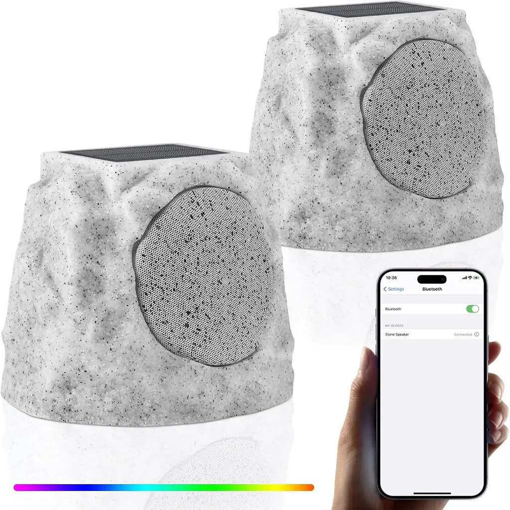2x Enceintes Exterieures solaire Bluetooth / Rocher Gris