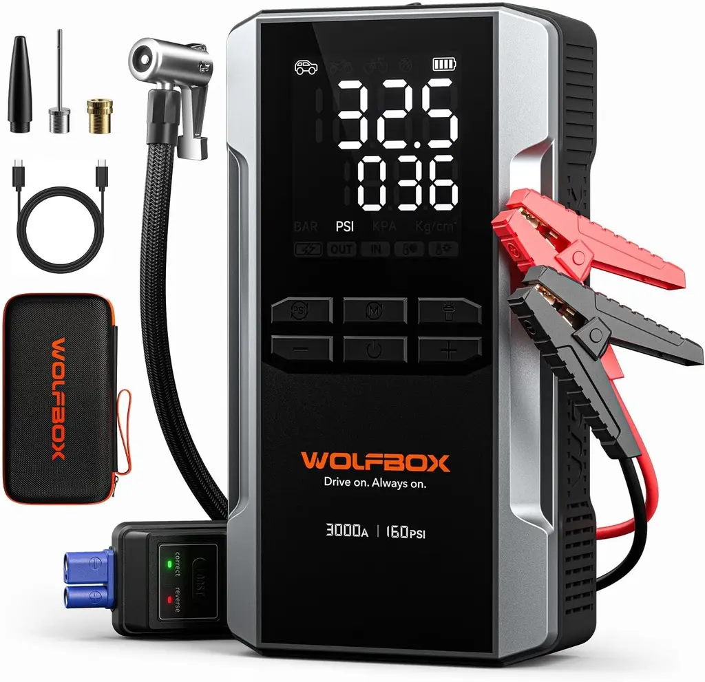 Wolfbox 3000A jump start, batterie 16000mAH, 160psi, light