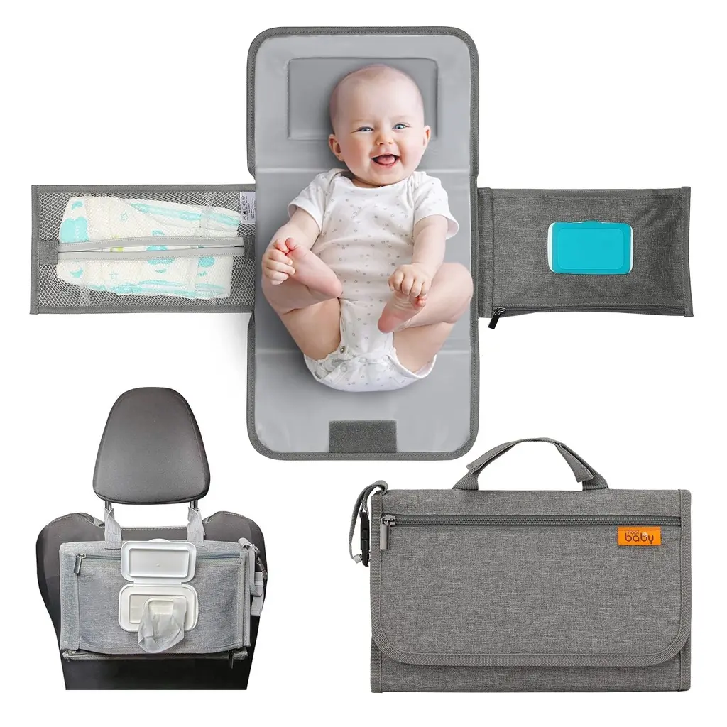 Portable changing mat with wipes pocket
