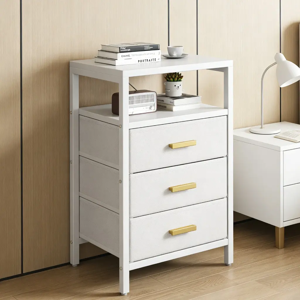 Table de chevet moderne à 3 tiroirs en tissu
