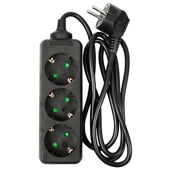 3-way socket extension + earth – 1.5 m – black