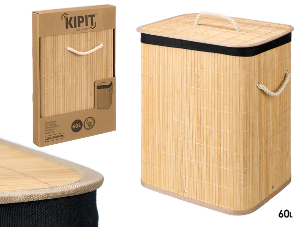 Rectangular laundry basket in bamboo and black fabric