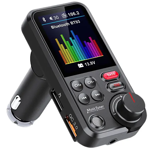 Bluetooth 5.0 Car FM Transmitter with QC USB, TF, Bass & LCD