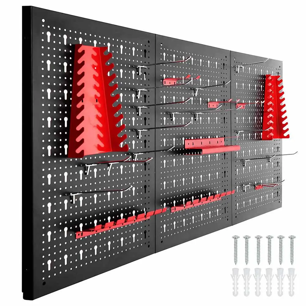 Metal wall-mounted tool rack with hooks
