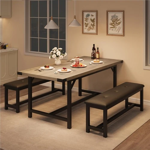 Extendable Dining Table 4 to 6 Places with 2 Benches