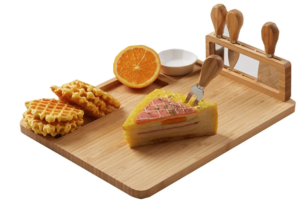 Cheese board + 4 stainless steel knives. 36L x 28W x 1.7cm thick.