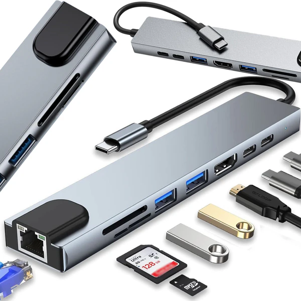 8-in-1 hub adapter with 2 USB C and Thunderbolt ports