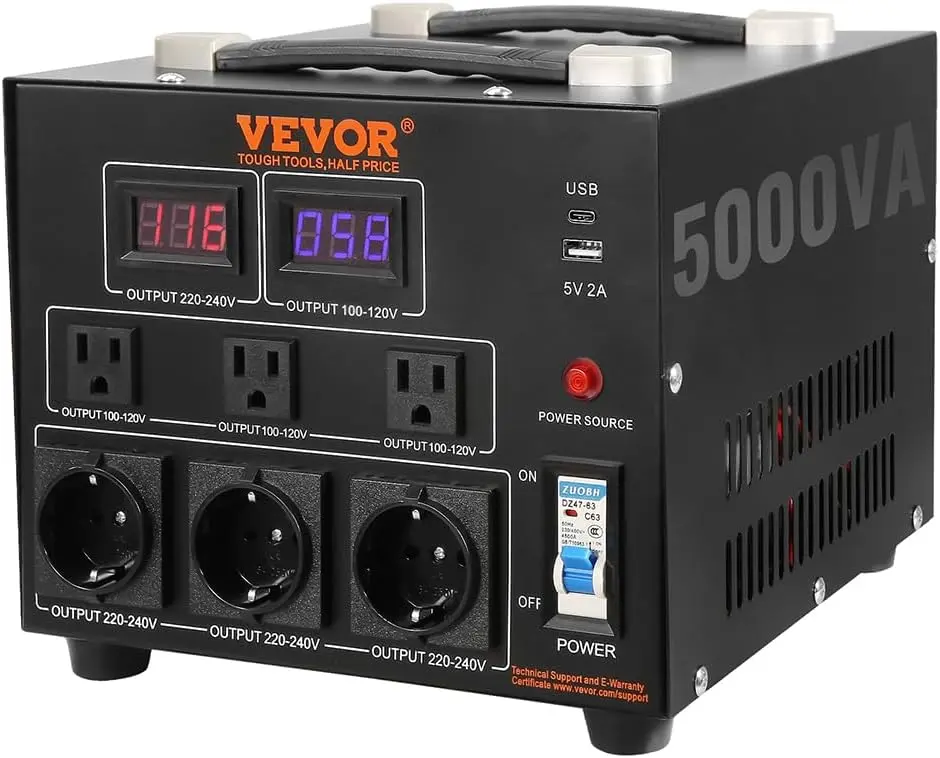 Convertisseur transformateur VEVOR 5000W 110V/220V – prise universelle, câble US avec terre 