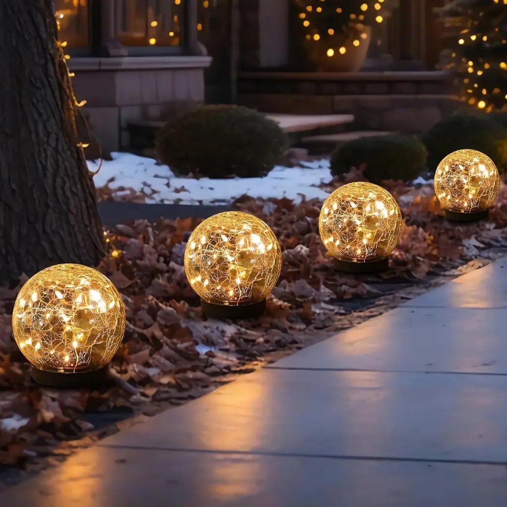 Boules solaires LED verre craquelé — lot 4, blanc chaud, étanches jardin/patio