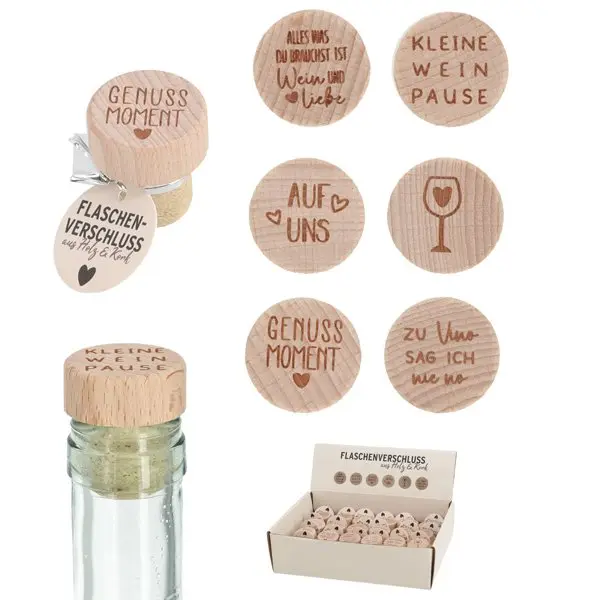 Bouchons de bouteille en bois, lot de 6 assortis