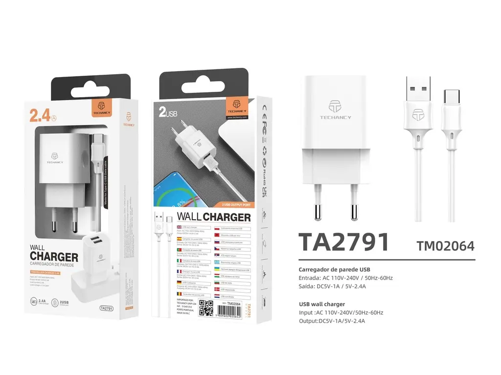 Chargeur mural Techancy dual USB + câble USB-C