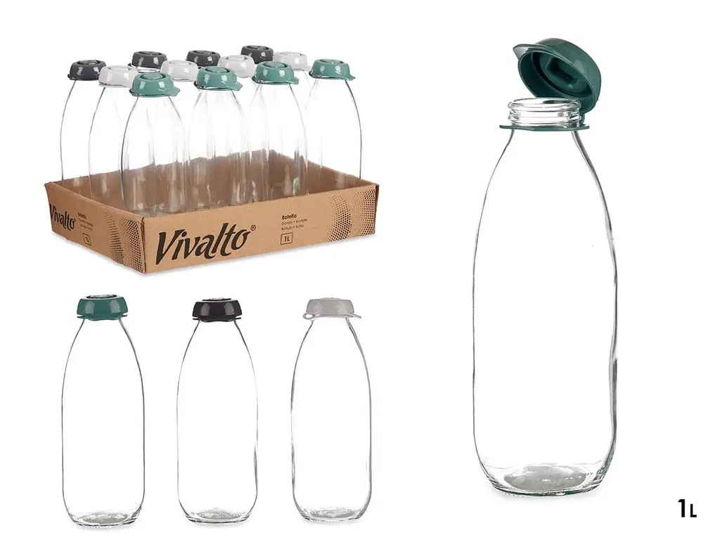 VIVALTO — Bouteille en verre 1 L, 3 fois assorti gris anthracite