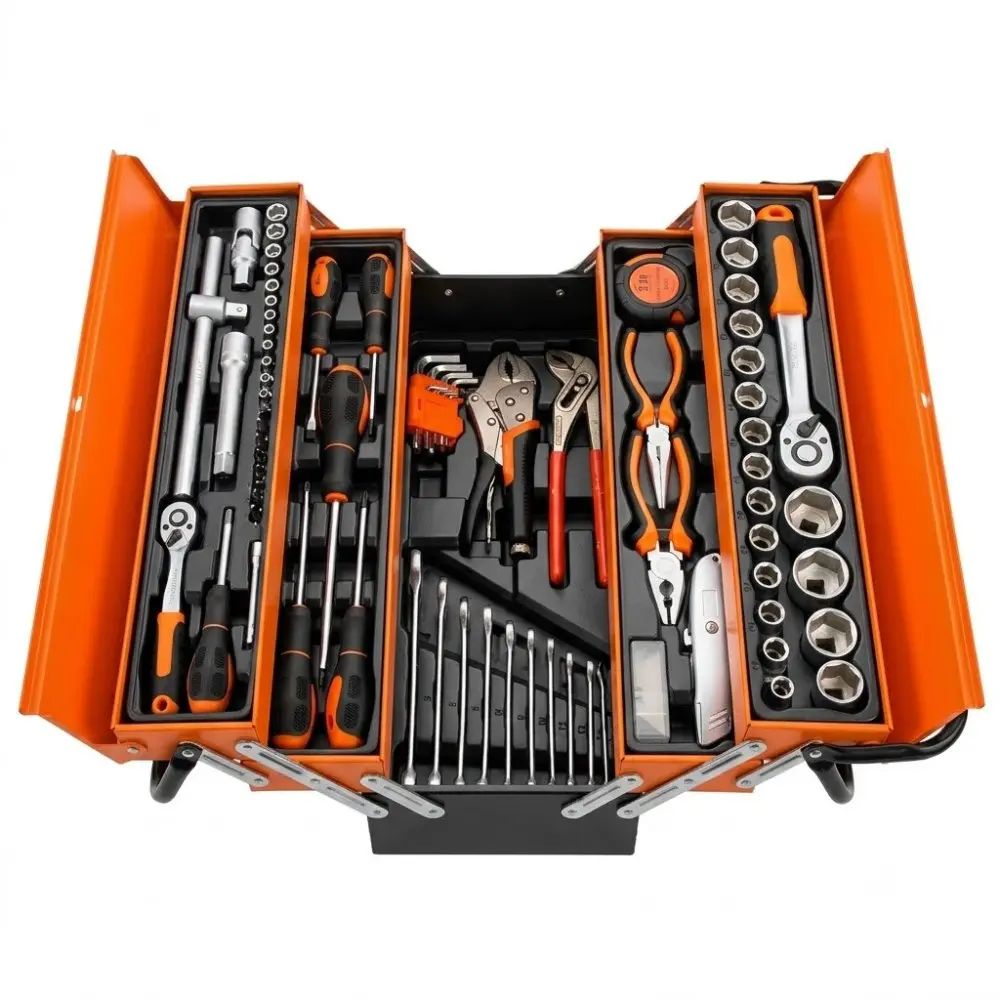 Multi-level metal tool box with tools