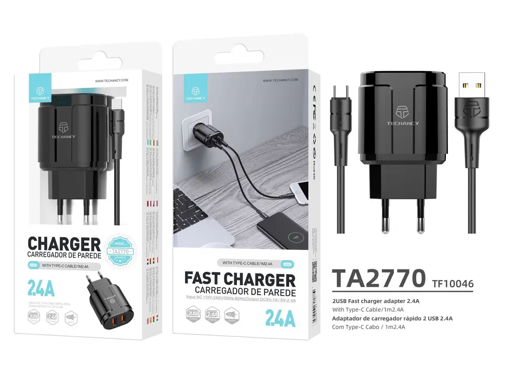 Chargeur secteur 2 USB 2,4 A + câble USB-C 1 m, noir