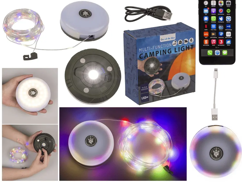 Rechargeable 3-in-1 camping light: torch, power bank, 10 m LED strip