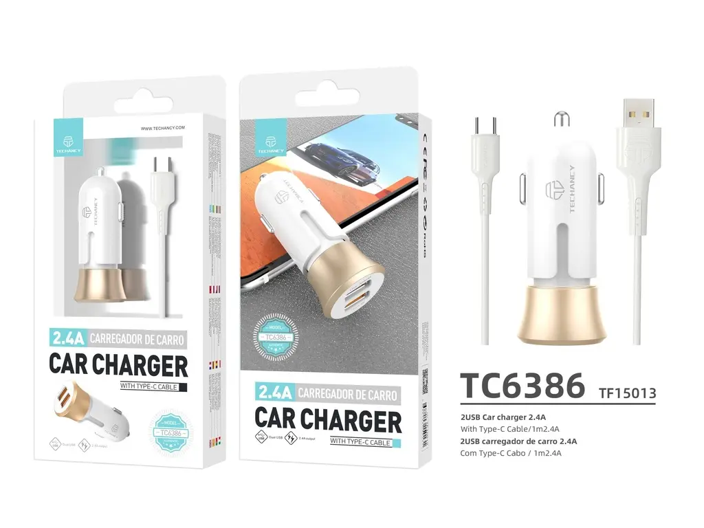 Car charger 2 USB 2.4A + 1 m USB-C cable, white/gold