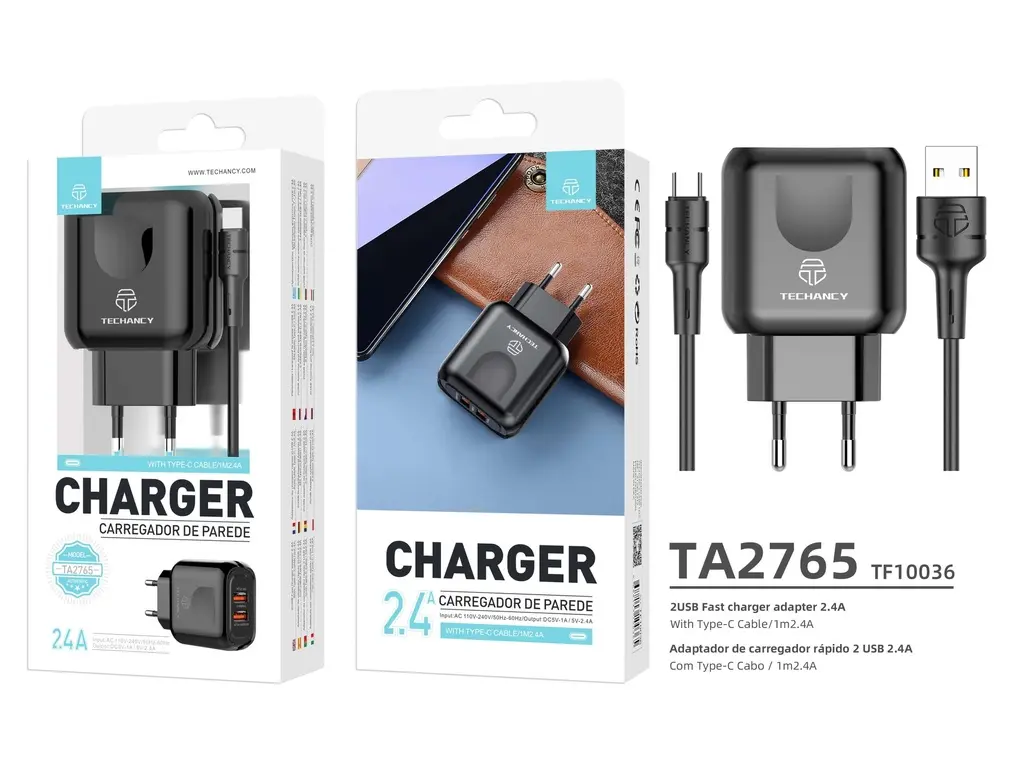 2-port USB 2.4A wall charger + 1 m USB-C cable, black