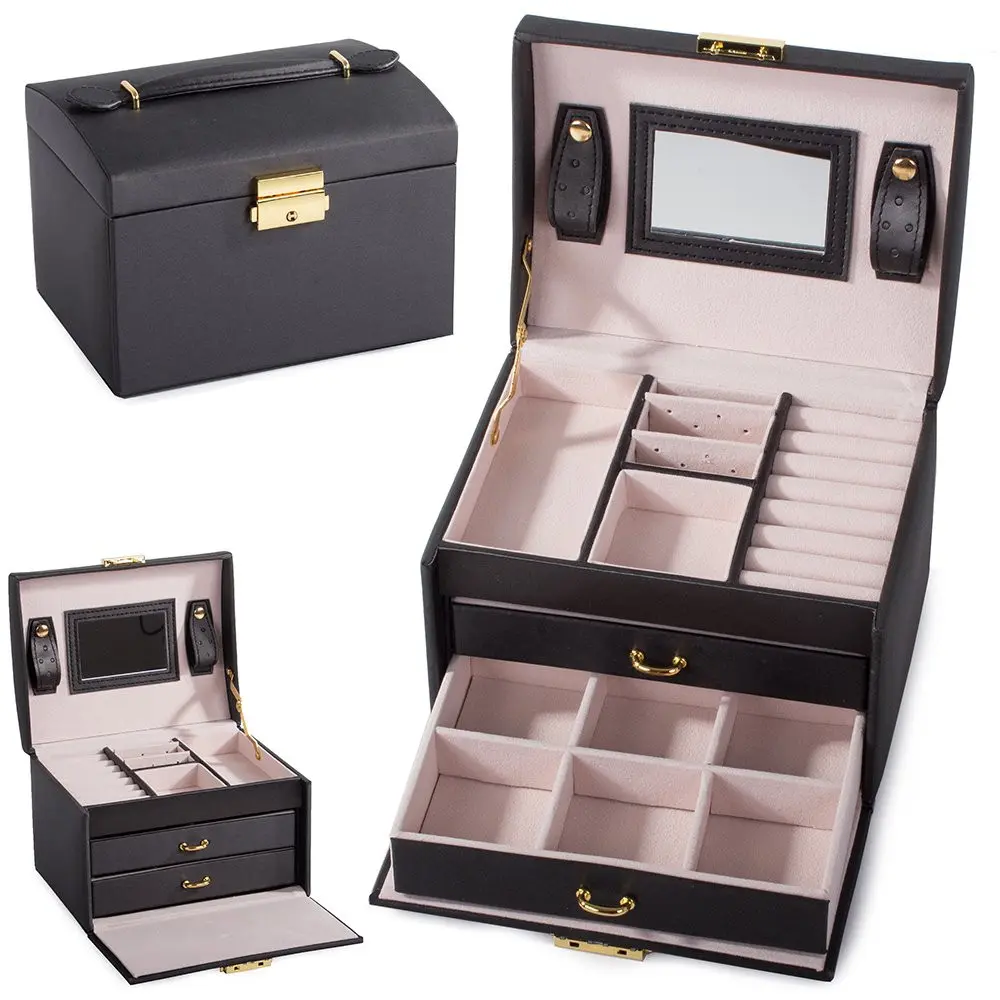 Eco-leather jewellery box with key lock, black