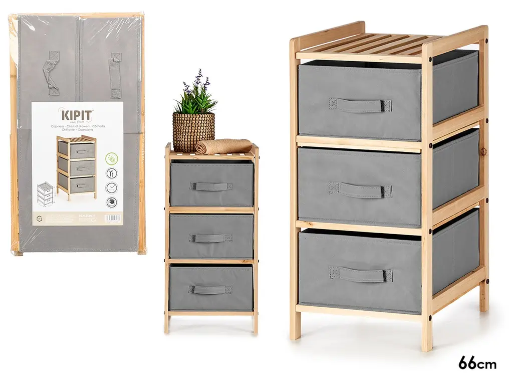 Bamboo shelf unit with 3 grey fabric drawers, 36 × 34 × 66 cm