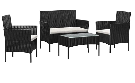 Salon de jardin Alizee en resine noir/coussins blanc