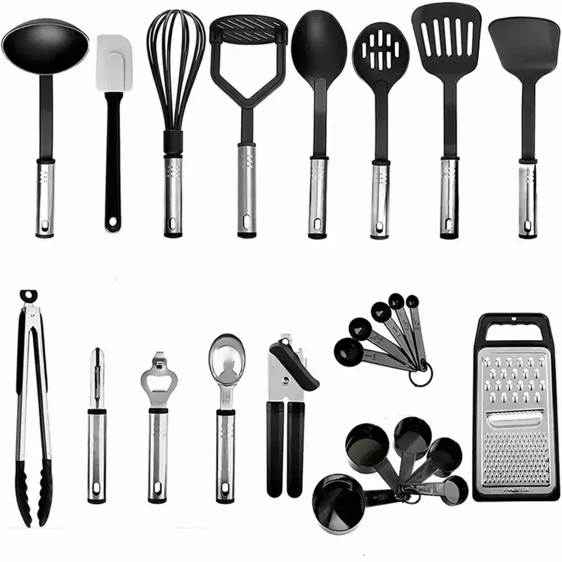 [9 AL-K15] Complete set of 24 kitchen utensils in stainless steel and black silicone.