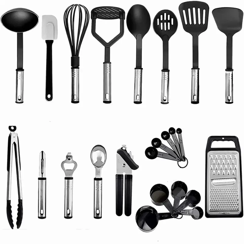 Complete set of 24 kitchen utensils in stainless steel and black silicone.