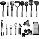 [9 AL-K15] Complete set of 24 kitchen utensils in stainless steel and black silicone.