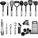 Set complet de 24 ustensiles de cuisine en acier inoxydable et silicone noir.