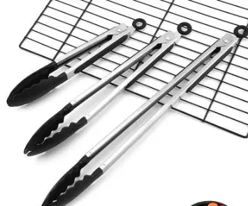 Set of 3 stainless steel and black silicone tongs. 22/30/40 cm
